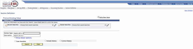 Section Definition Page - Find an Existing Value Tab
